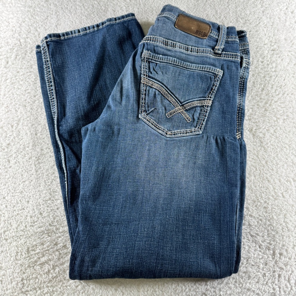 BKE Jake Jeans Mens 32 x 32 Blue Logo Denim Stretch Medium Wash Bootcut Leg